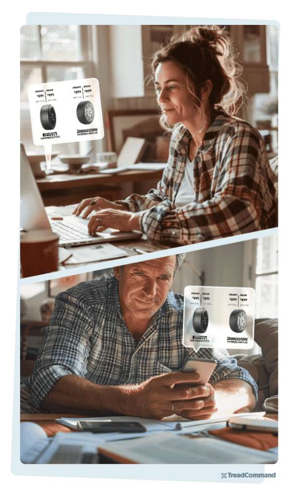 Man and woman shopping online for tires